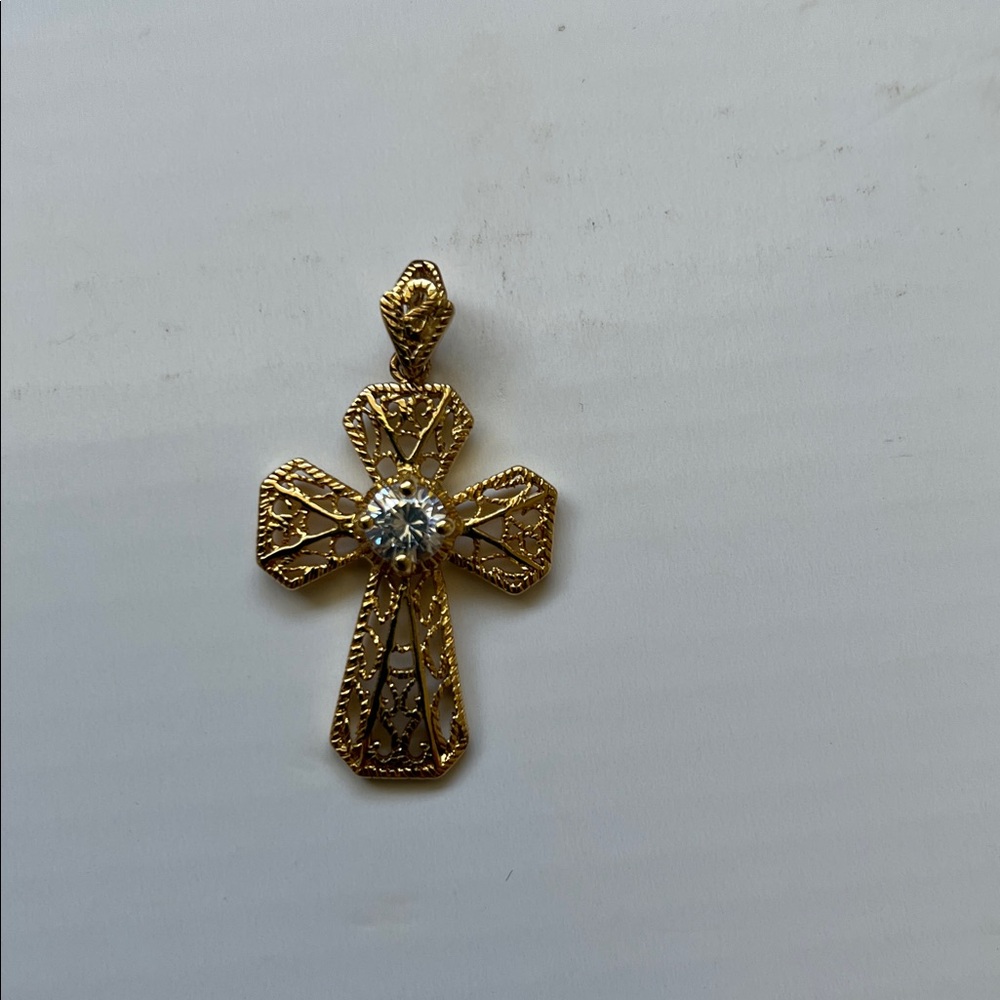 Pleated silver Gold Filigree Cross Pendant with Clear Center Stone